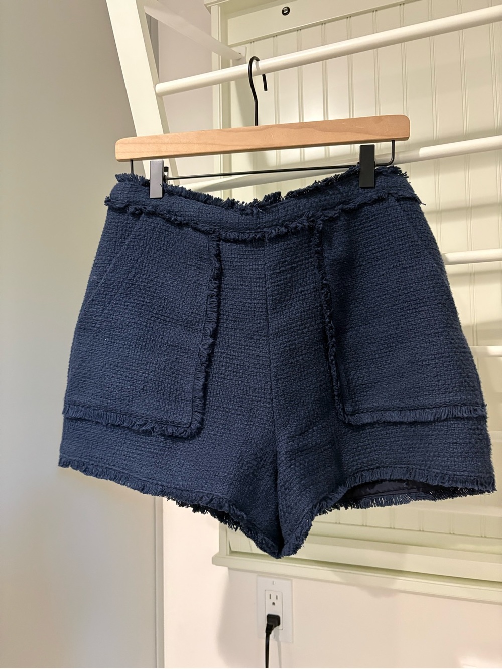 cinq a sept Navy Tweed Frayed Pocket Shorts